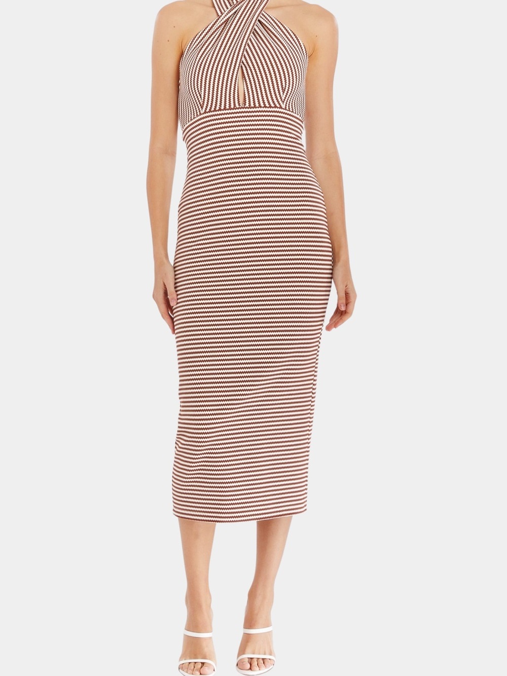 Amanda Uprichard Brown and White Striped Halter Midi Dress